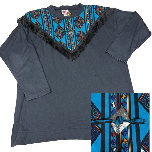 Vintage 80s Southwest Rodeo Aztec Fringe Long Sleeve Shirt Black OS XL Cowgirl - Picture 1 of 11